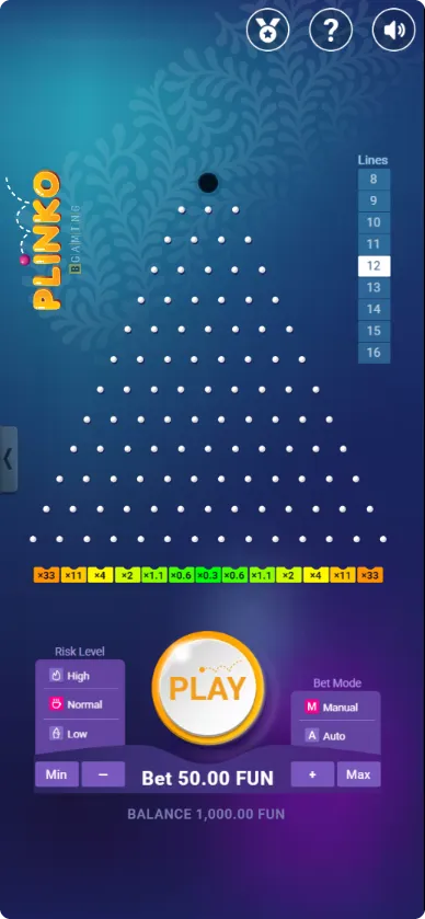 Plinko postavke igre s ulozima od 50 FUN i višim rizikom