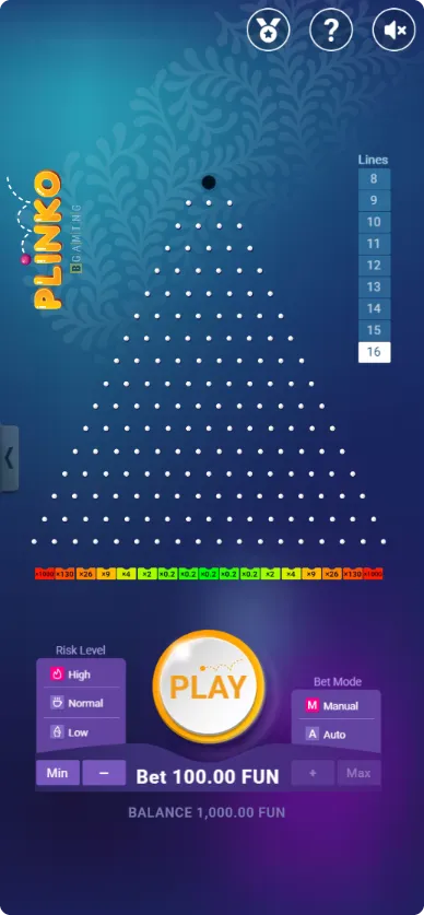 Plinko maksimalne linije s ulozima od 100 FUN i visokim množiteljima