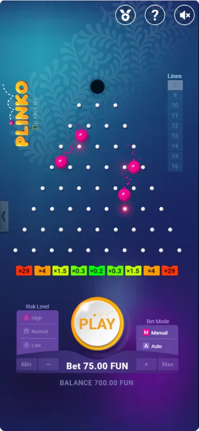 Plinko igra s ulozima od 75 FUN i aktivnim padom loptica